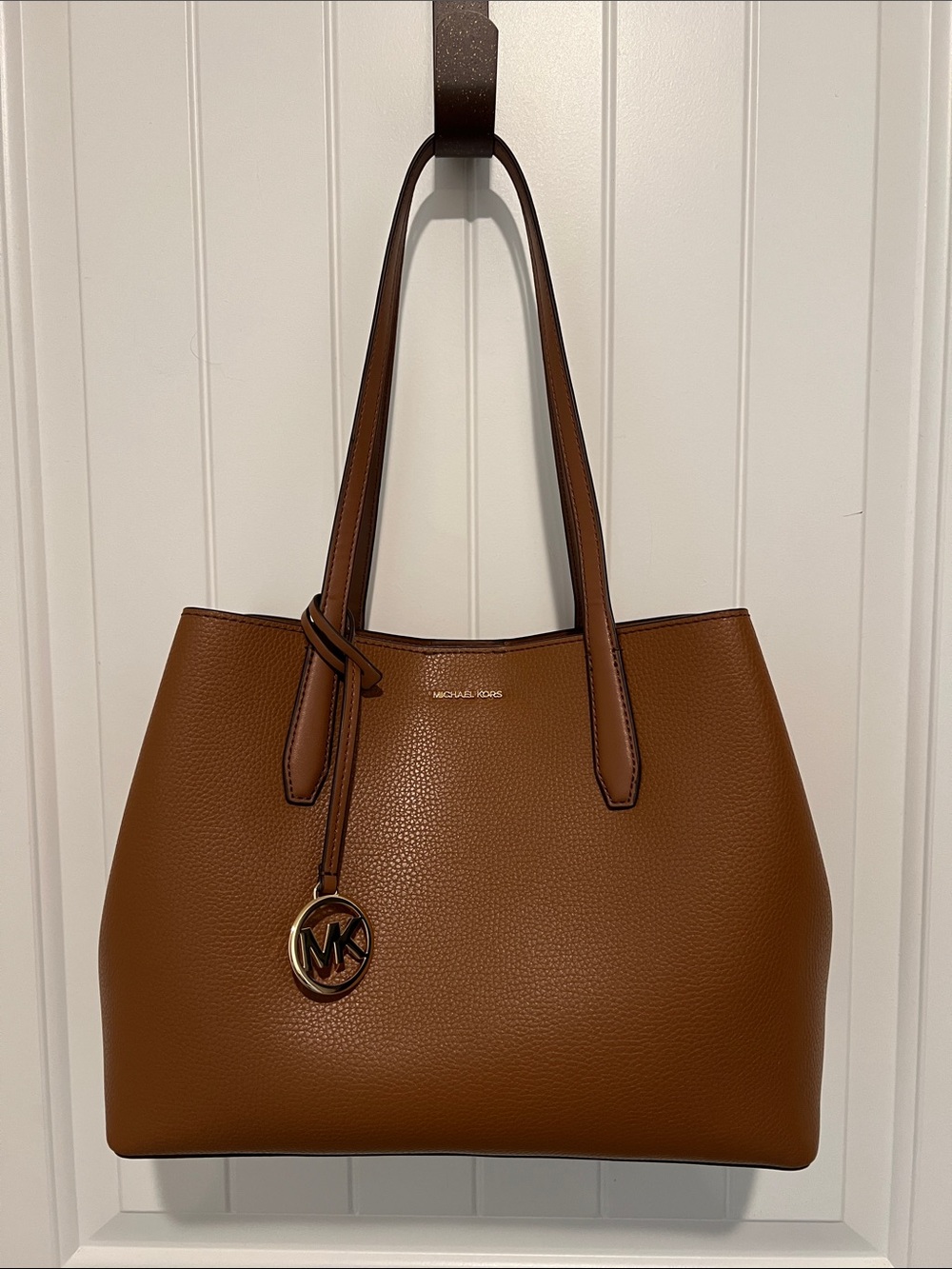 Michael Kors Cognac Pebbled Leather Tote with Gold MK Charm